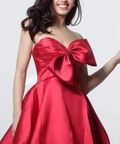 Jovani - 66698 Strapless Bow Accent Bubble Skirt Cocktail Dress