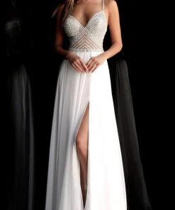 Jovani - 66925 Beaded Plunging V-neck Chiffon A-line Dress