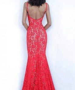 Jovani - 68005 Plunging V-neck Stretch Lace Trumpet Dress