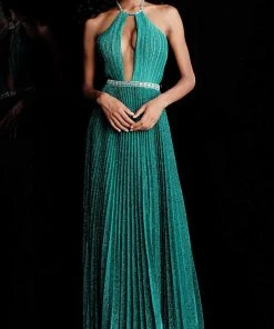 Jovani - 68090 Embellished Halter Pleated A-line Dress