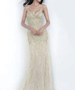 Jovani - 68827 Embellished V-neck Feathered Trumpet Dress