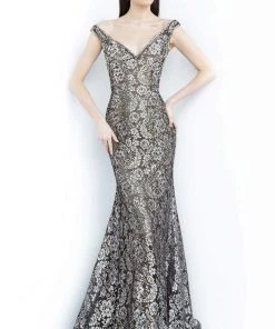 Jovani - 8083 Metallic Lace Off-Shoulder Trumpet Dress