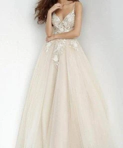 Jovani - Embellished V-Neck Prom Ballgown 02758SC - 1 Pc Nude In Size 8 Available Long Dresses