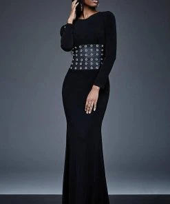 Jovani - Long Sleeve With Leather Waistline Black Evening Dress M309