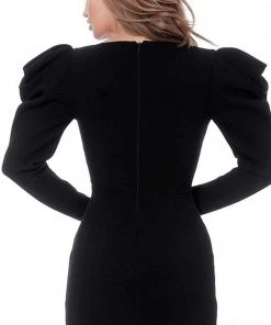 Jovani - M3229 Puffed Long Sleeves V Neck Dress