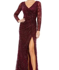 Mac Duggal - 12412 Long Sleeve Sequined Lace High Slit Dress