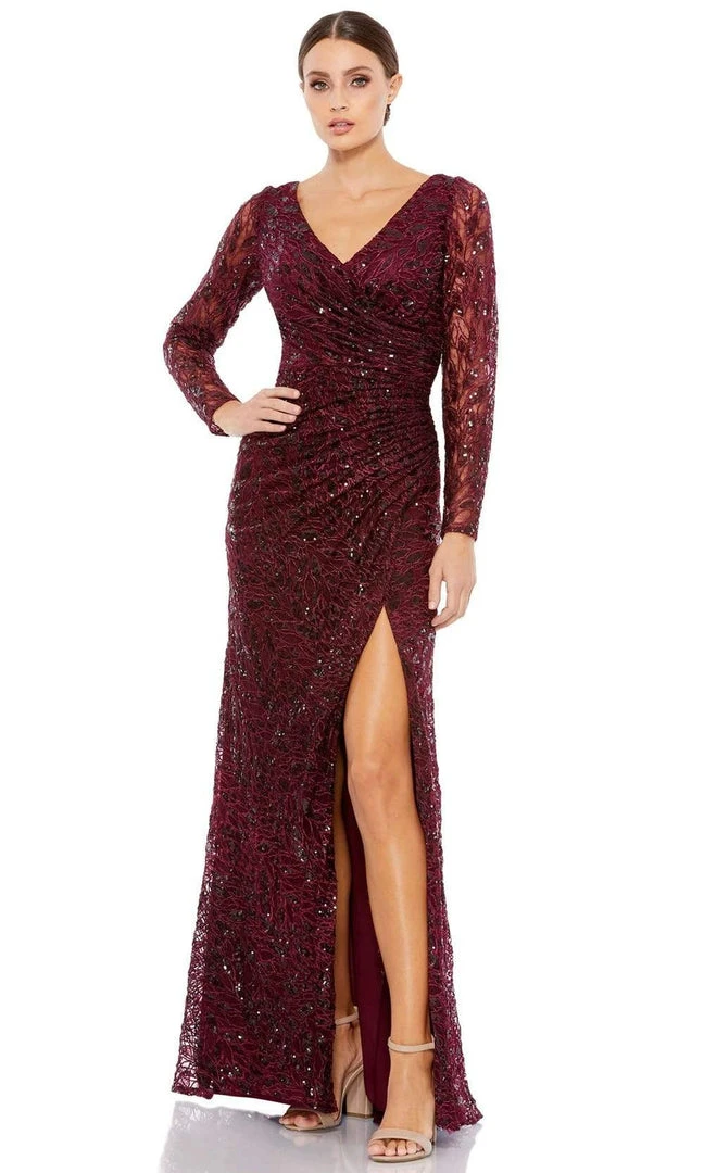 Mac Duggal - 12412 Long Sleeve Sequined Lace High Slit Dress 3 Mac Duggal - 12412 Long Sleeve Sequined Lace High Slit Dress