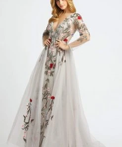 Mac Duggal - 20125D Floral Embroidered Evening Dress With Overskirt - 1 Pc Gray Multi In Size 8 Available
