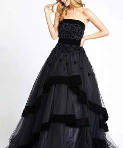 Mac Duggal - 66346H Velvet Trimmed Strapless Tiered Evening Gown