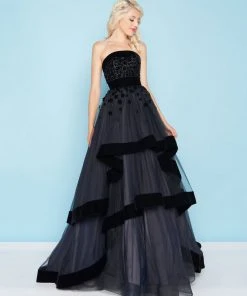 Mac Duggal - 66346H Velvet Trimmed Strapless Tiered Evening Gown