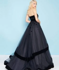 Mac Duggal - 66346H Velvet Trimmed Strapless Tiered Evening Gown