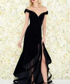 Mac Duggal - 66586R Velvet Off-Shoulder Layered Trumpet Dress