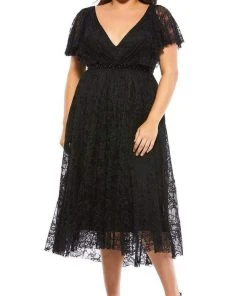 Mac Duggal - 67542 Lace V Neck Tea Length Dress