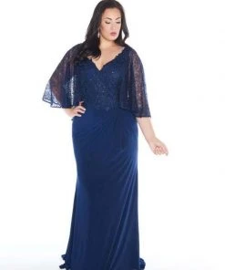 Mac Duggal - 77308F Embellished Cape-like V-neck Sheath Dress