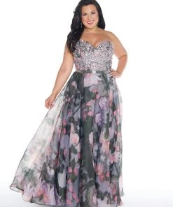 Mac Duggal - 77390F Floral Print Strapless A-line Gown