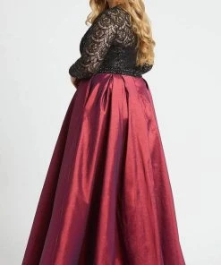 Mac Duggal - 77473F Sequined Lace Long Sleeve Satin Ballgown