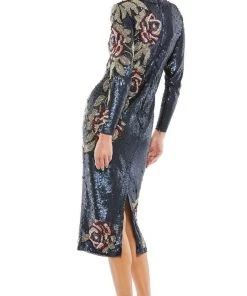 Mac Duggal 93624 - Floral Beadwork Long Sleeved Midi Dress