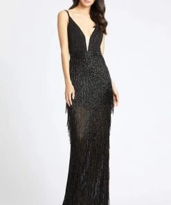 Mac Duggal Black White Red - 4738R Layered Fringe Deep V-neck Dress