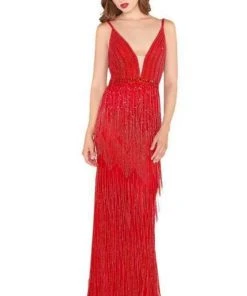 Mac Duggal Black White Red - 4738R Layered Fringe Deep V-neck Dress 14 Mac Duggal Black White Red - 4738R Layered Fringe Deep V-neck Dress