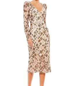 Mac Duggal Cocktail - 5472D Tea Length Geo-Beaded Dress 9 Mac Duggal Cocktail - 5472D Tea Length Geo-Beaded Dress