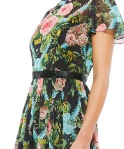 Mac Duggal Cocktail - 9149D Short Sleeve Beaded Waist Floral Dress 7 Mac Duggal Cocktail - 9149D Short Sleeve Beaded Waist Floral Dress