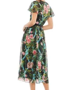 Mac Duggal Cocktail - 9149D Short Sleeve Beaded Waist Floral Dress 6 Mac Duggal Cocktail - 9149D Short Sleeve Beaded Waist Floral Dress