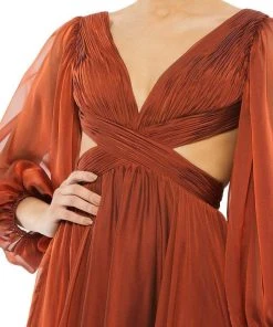 Mac Duggal Evening - 67948D Bishop Sleeve Ruched Cut Out A-Line Dress