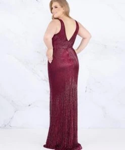 Mac Duggal Fabulouss - 4847F Beaded Deep V-neck Sheath Dress