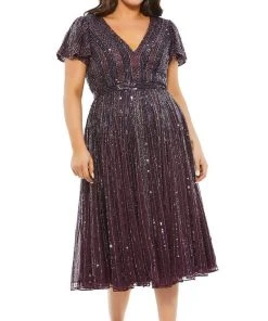 Mac Duggal Fabulouss - 5522F V Neck Embellished Tea Length Dress