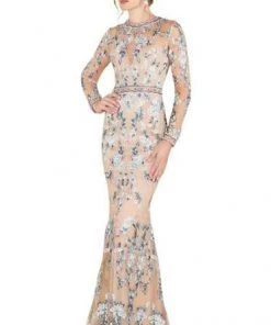 Mac Duggal - Floral Embroidered Long Sleeve Dress 79222D - 1 Pc Nude/Multi In Size 8 Available