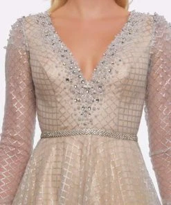 Mac Duggal Prom - 77497M Lattice Plunging V-Neck Long Sleeves Gown
