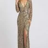 Mac Duggal - Sequined Plunging V-neck Trumpet Gown 5002D - 1 Pc Antique Gold In Size 2 Available