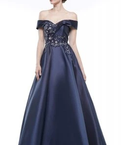 Marsoni By Colors - MV1008 Floral Beaded Surplice Off Shoulder Gown