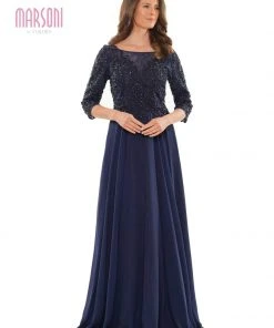 Marsoni By Colors - MV1052 Embroidered Bateau Chiffon A-line Gown