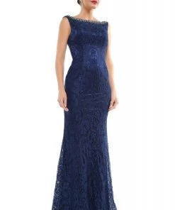 Marsoni By Colors - MV1053 Embroidered Bateau Trumpet Dress With Train