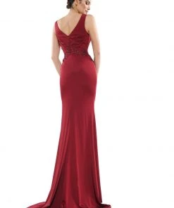 Marsoni By Colors - MV1054 Embroidered V-neck Trumpet Dress 28 Marsoni By Colors - MV1054 Embroidered V-neck Trumpet Dress