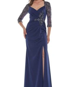 Marsoni By Colors - MV1070 Beaded Sheer Sleeves V Neckline Slit Gown