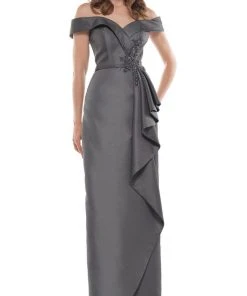 Marsoni By Colors - MV1087 Off Shoulder Beaded Ruffle Accented Gown