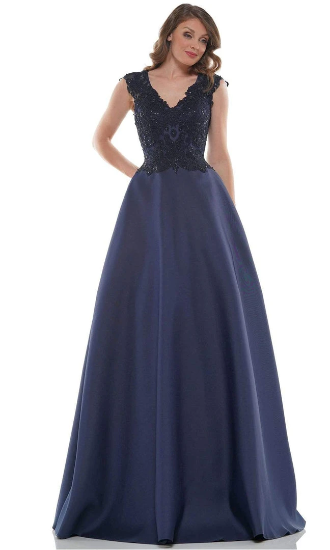 Marsoni By Colors - MV1088 Lace Applique V Neck Satin Ballgown 5 Marsoni By Colors - MV1088 Lace Applique V Neck Satin Ballgown