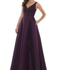 Marsoni By Colors - MV1139 Flower Beaded V Neck A-line Gown