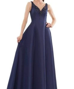 Marsoni By Colors - MV1139 Flower Beaded V Neck A-line Gown