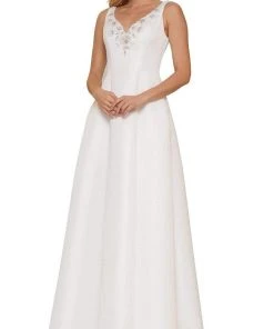 Marsoni By Colors - MV1139 Flower Beaded V Neck A-line Gown