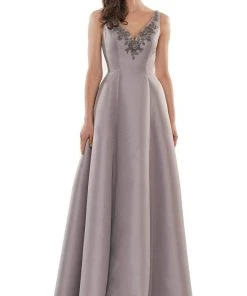 Marsoni By Colors - MV1139 Flower Beaded V Neck A-line Gown