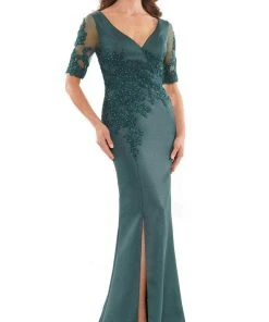 Marsoni By Colors MV1173 - Embroidered V-Neck Satin Formal Gown