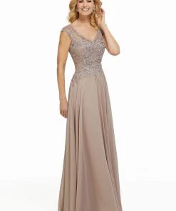 MGNY By Mori Lee - 72021 Beaded Lace V-neck A-line Chiffon Gown