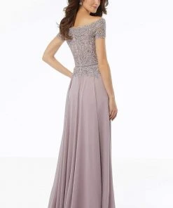 MGNY By Mori Lee - 72133 Off Shoulder Lace Appliqued Chiffon Dress