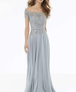 MGNY By Mori Lee - 72133 Off Shoulder Lace Appliqued Chiffon Dress