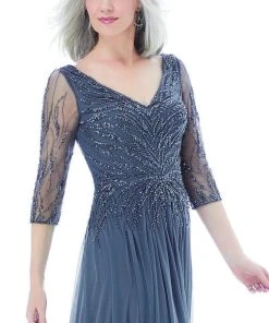 MGNY By Mori Lee - 72202 Sheer Quarter Sleeve Beaded Mesh A-Line Gown