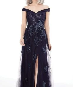 MGNY By Mori Lee - 72228 Off Shoulder Sequin Net High Slit A-Line Gown