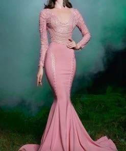 MNM COUTURE - 2503 Long Sleeve Intricately Beaded Mermaid Gown
